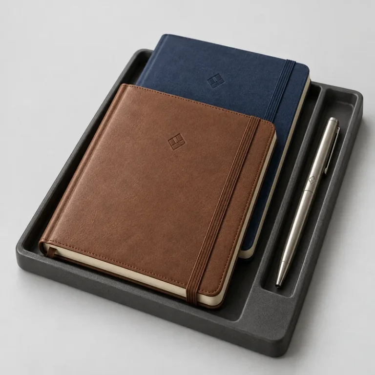Libretas y lapicero personalizados en un organizador de escritorio