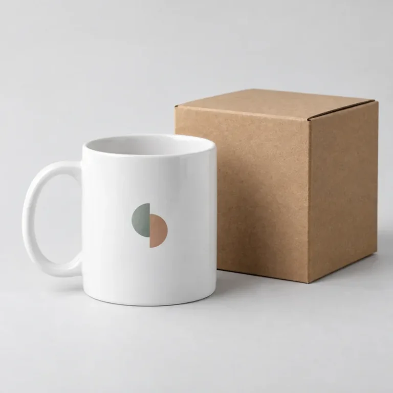 Jarro mug blanco personalizado con logo y caja kraft
