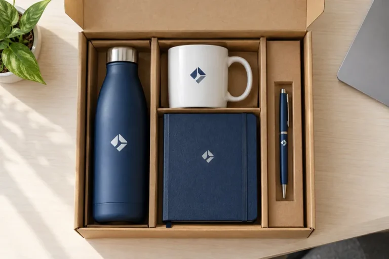 Kit de bienvenida corporativo con tomatodo, taza, libreta y lapicero con logo