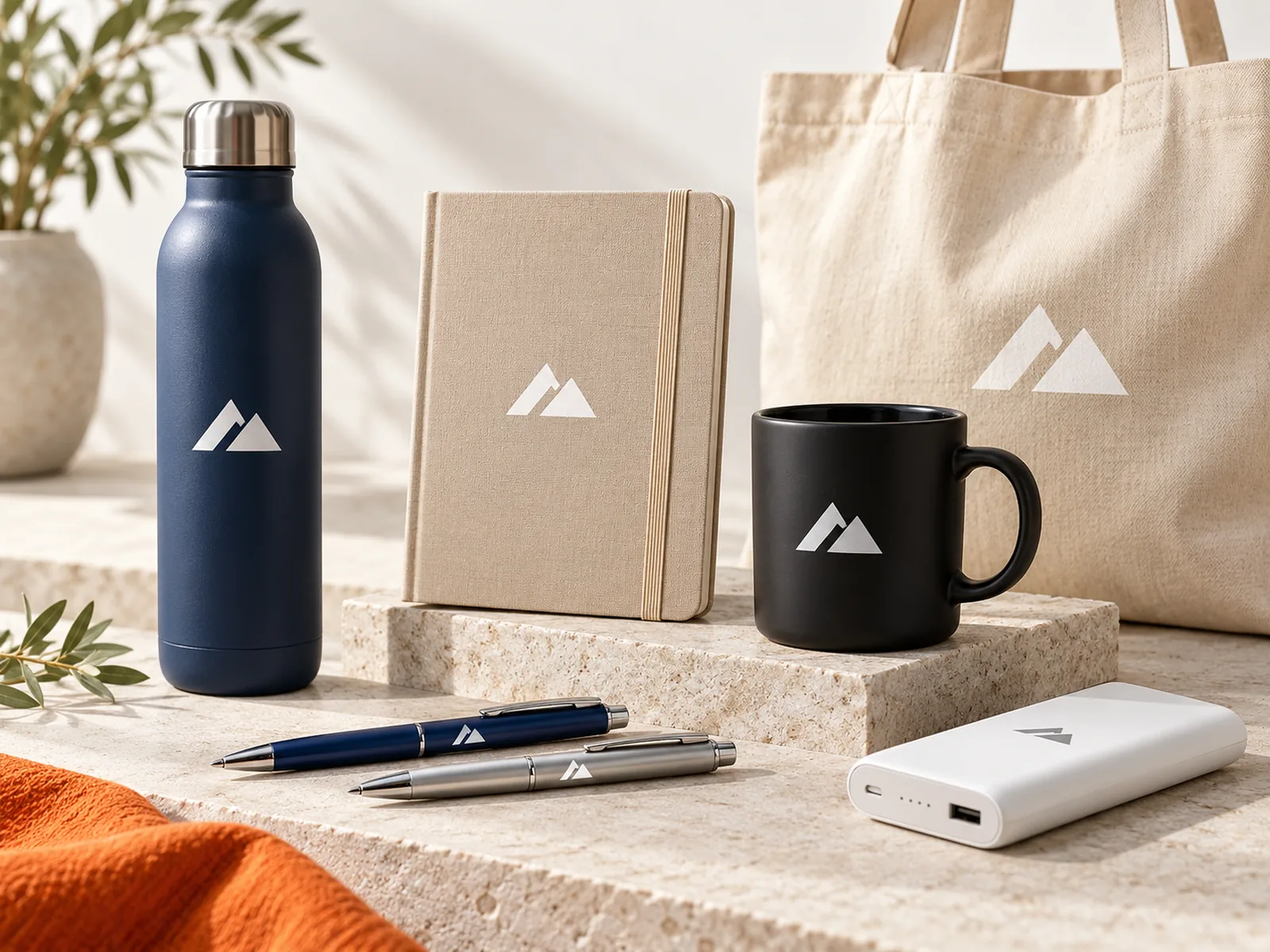Merchandising corporativo con logo: tomatodo, libreta, taza, lapiceros, power bank y bolsa personalizados