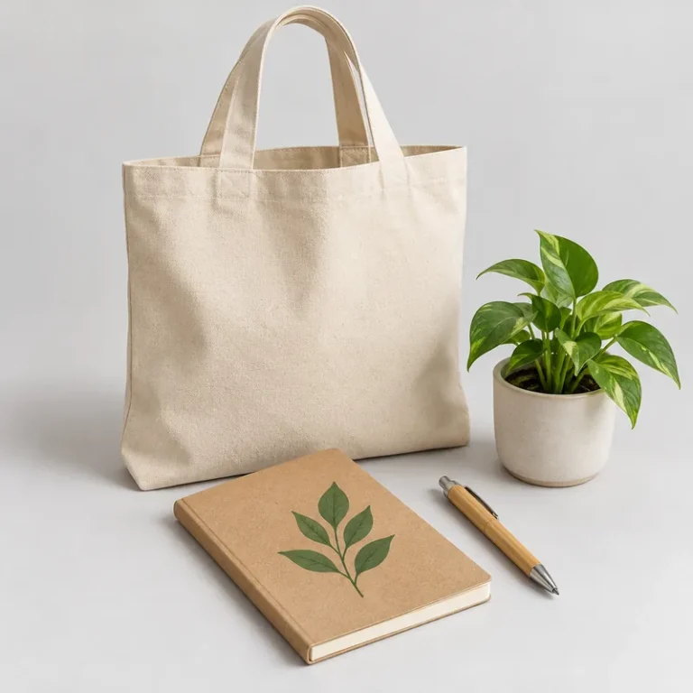 Merchandising ecológico: bolsa de tela, libreta de cartón y lapicero de bambú