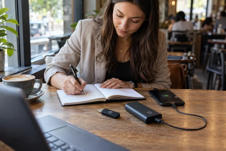 Power bank y memoria USB con logo en una mesa de trabajo