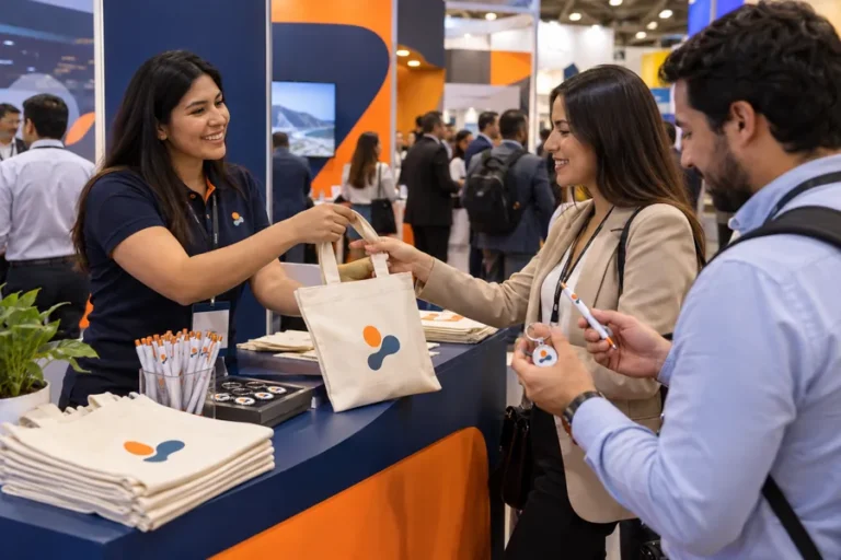 Entrega de bolsas y lapiceros con logo en una feria empresarial