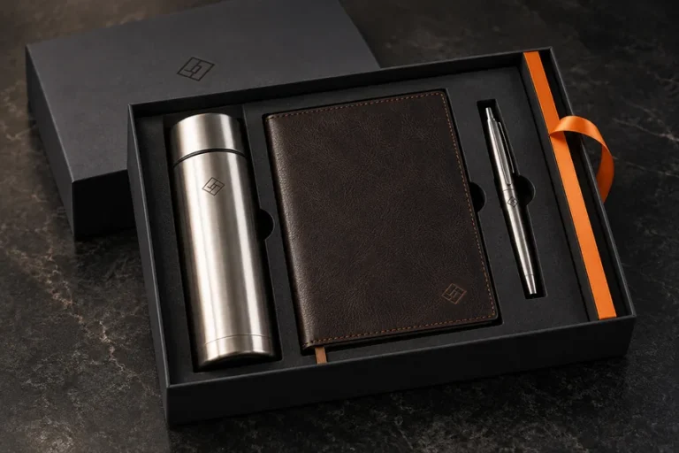 Set de regalo corporativo con termo, libreta de cuero y lapicero
