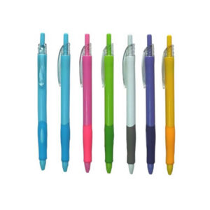 Lapicero plástico retráctil cuerpo traslúcido con grip de goma liso – 14 cm x 1 cm