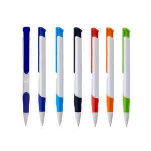 Lapicero plástico retráctil cuerpo blanco con doble grip de goma y clip de color – 14 cm x 1 cm