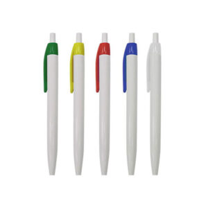 Lapicero plástico retráctil cuerpo blanco con clip de color sólido – 14 cm x 1 cm